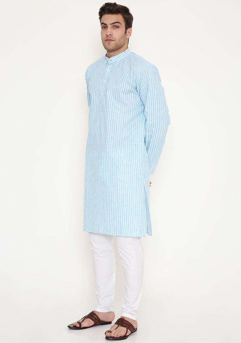 Blue Striped Cotton Kurta Set For Men - Indya
