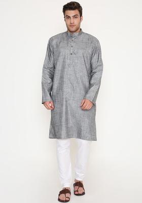 Grey Solid Cotton Kurta Set For Men