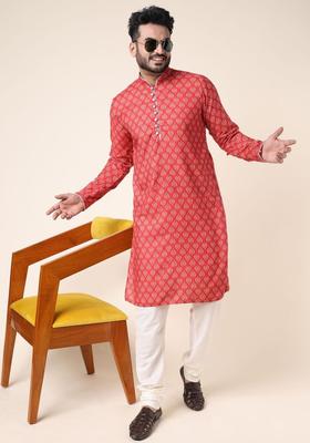 Red Printed Silk Kurta Set For Men