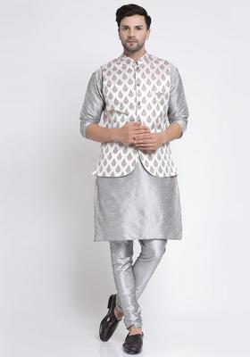 Silver Solid Silk Kurta Set For Men