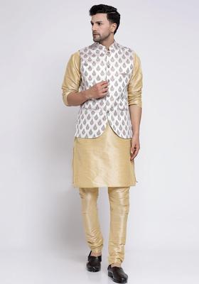 Beige Solid Silk Kurta Set For Men