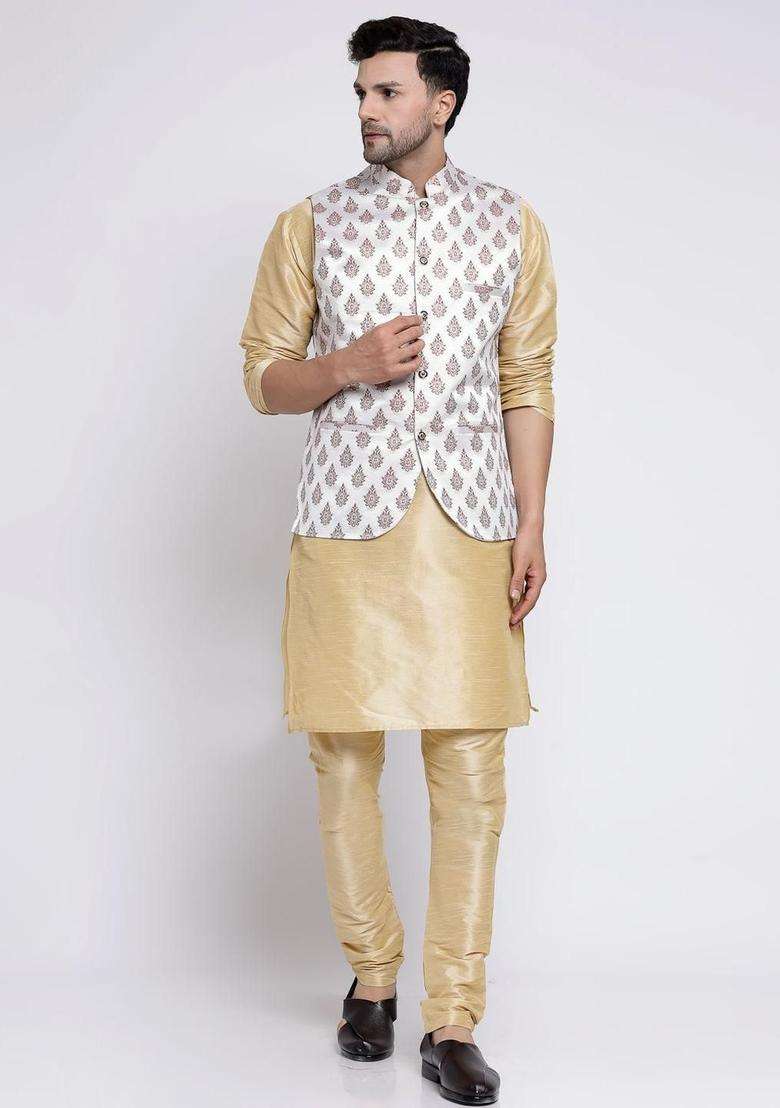 Beige Solid Silk Blend Kurta Set For Men - Indya