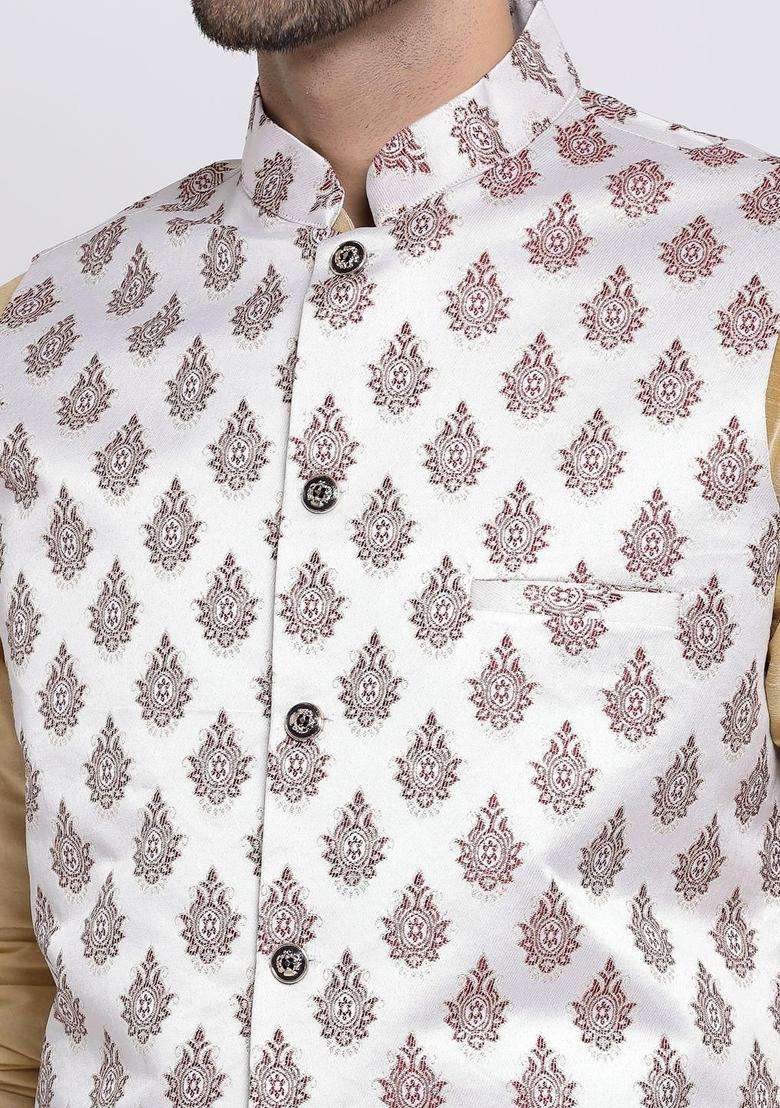 Beige Solid Silk Blend Kurta Set For Men - Indya