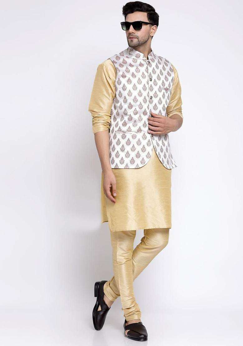 Beige Solid Silk Blend Kurta Set For Men - Indya