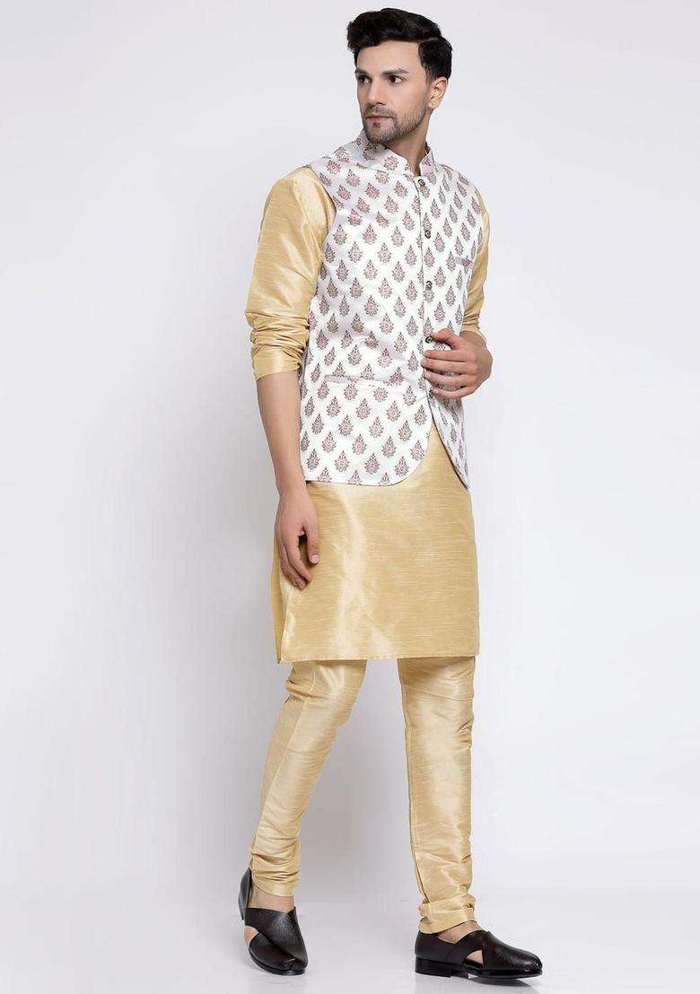 Beige Solid Silk Blend Kurta Set For Men - Indya