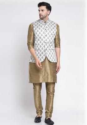 Beige Solid Silk Kurta Set For Men