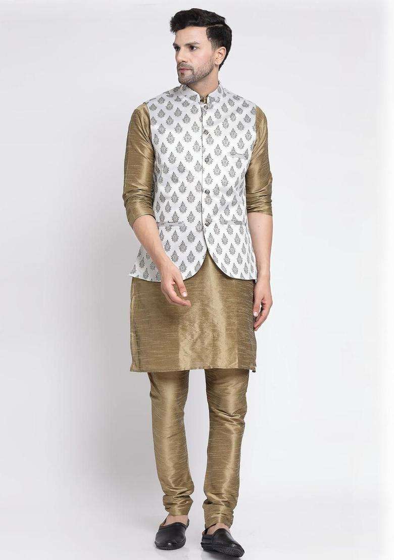 Beige Solid Silk Blend Kurta Set For Men - Indya