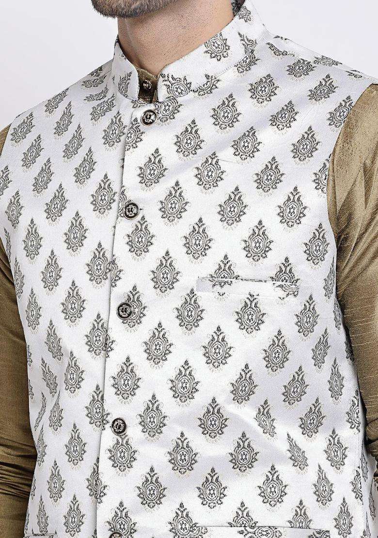 Beige Solid Silk Blend Kurta Set For Men - Indya