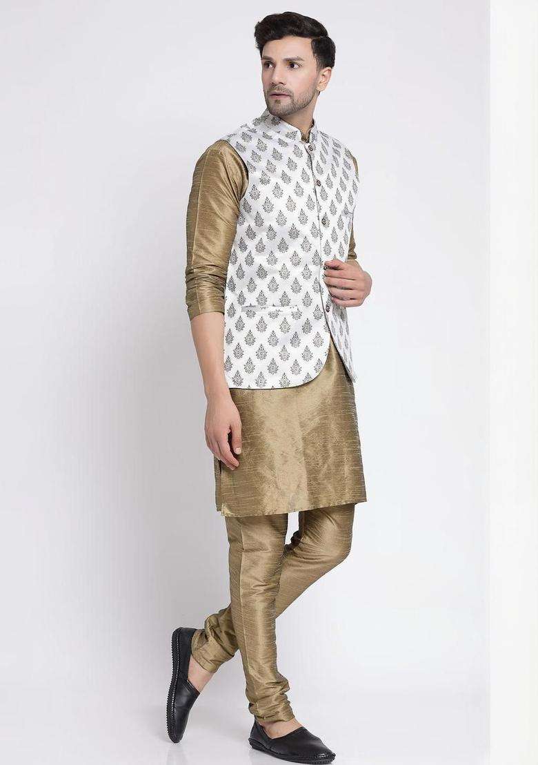 Beige Solid Silk Blend Kurta Set For Men - Indya