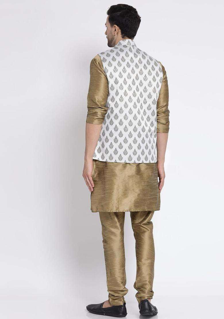 Beige Solid Silk Blend Kurta Set For Men - Indya