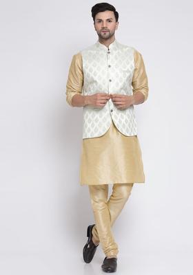 Beige Solid Silk Kurta Set For Men