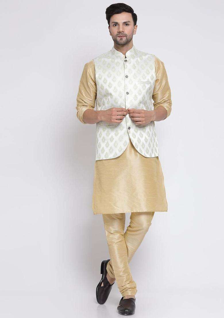 Beige Solid Silk Blend Kurta Set For Men - Indya