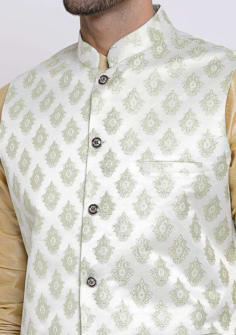 Beige Solid Silk Blend Kurta Set For Men - Indya