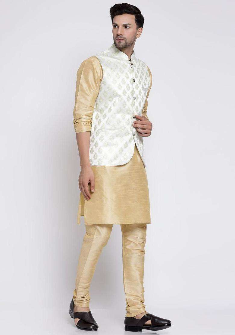 Beige Solid Silk Blend Kurta Set For Men - Indya