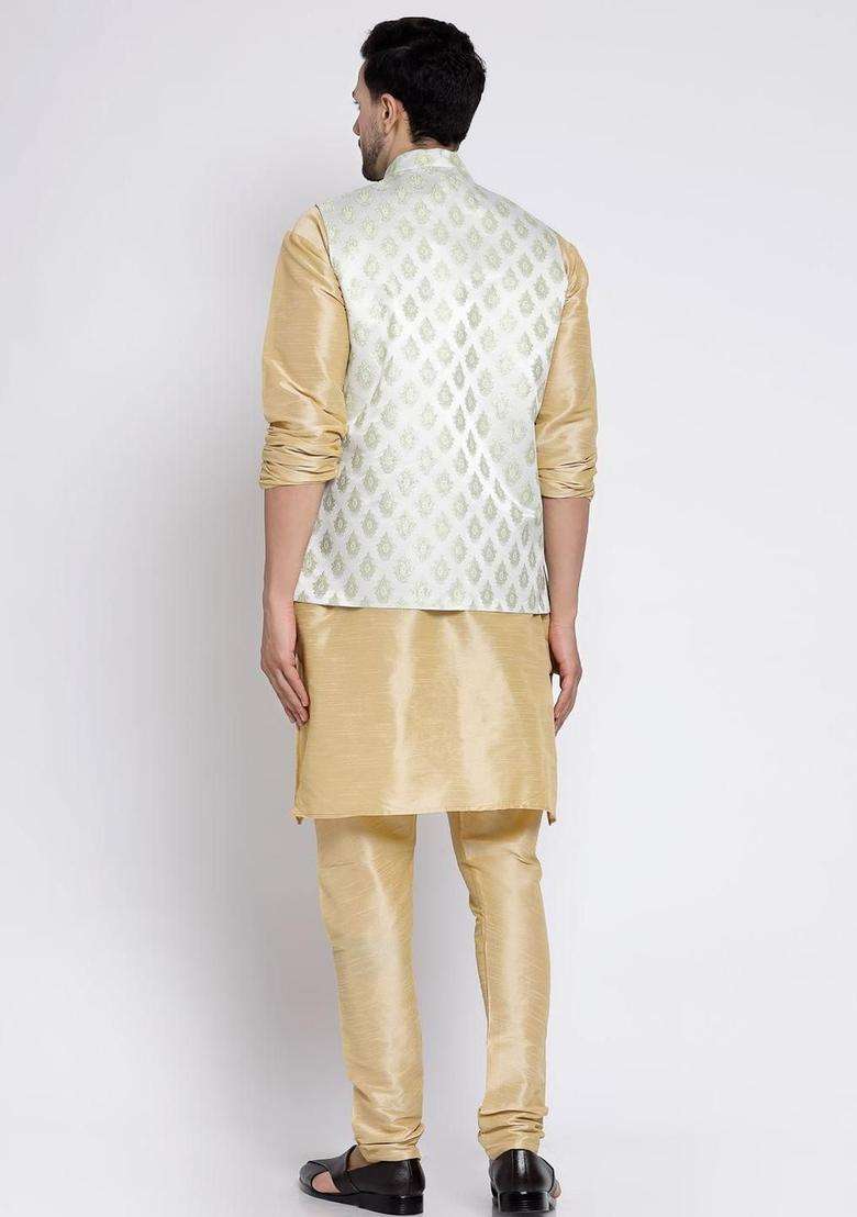 Beige Solid Silk Blend Kurta Set For Men - Indya