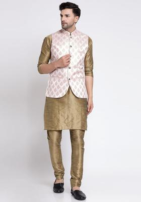 Olive Solid Silk Kurta Set For Men