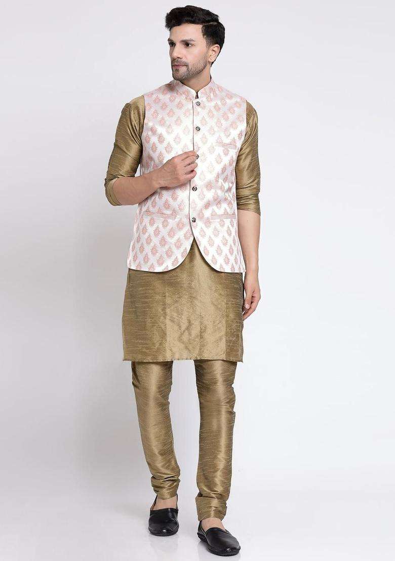 Olive Solid Silk Blend Kurta Set For Men - Indya