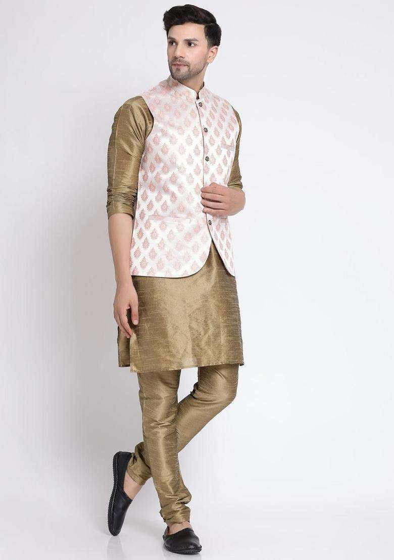 Olive Solid Silk Blend Kurta Set For Men - Indya