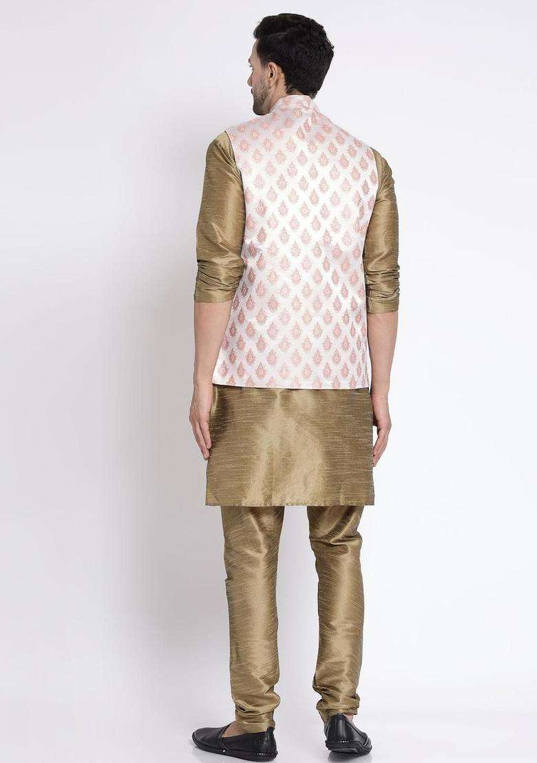 Olive Solid Silk Blend Kurta Set For Men - Indya