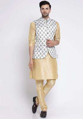 Gold Solid Silk Kurta Set For Men