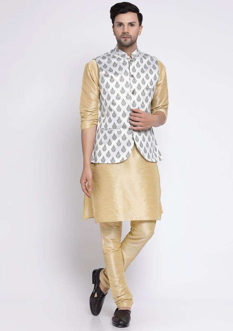 Gold Solid Silk Blend Kurta Set For Men - Indya
