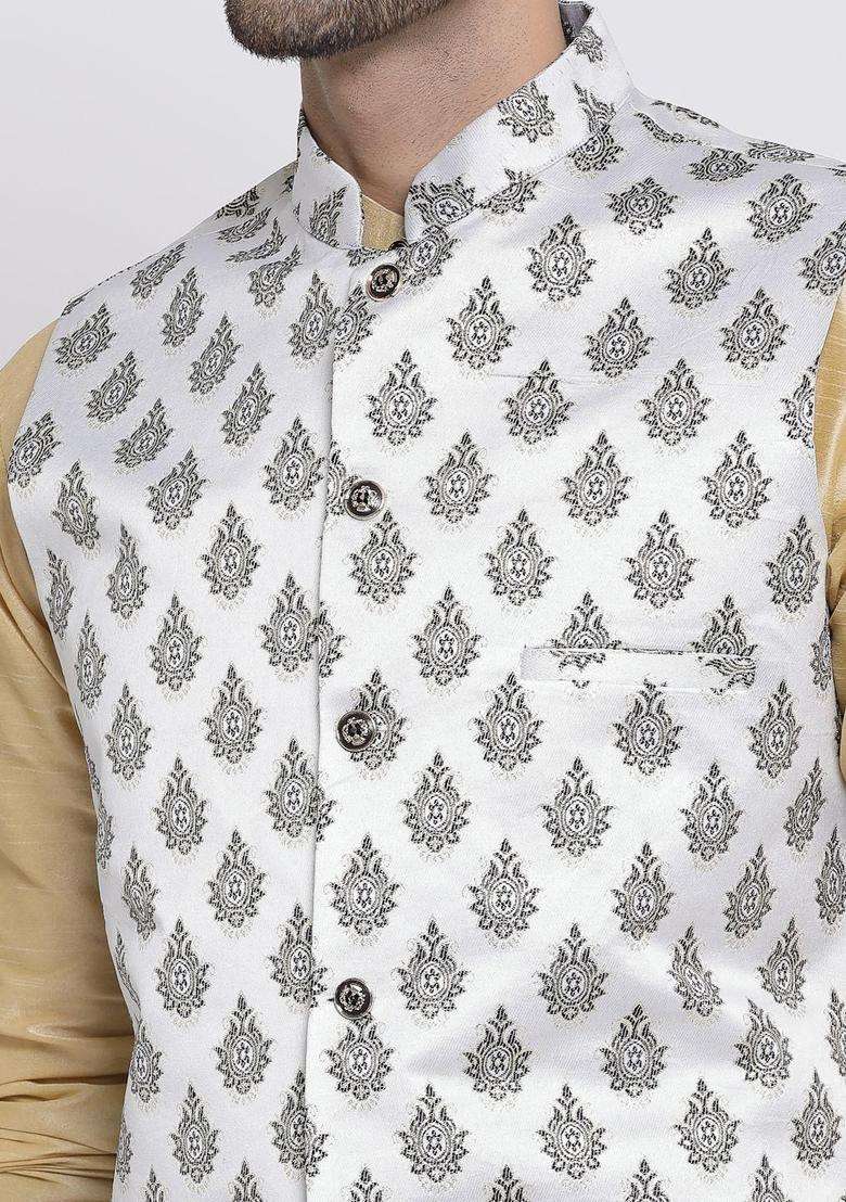 Gold Solid Silk Blend Kurta Set For Men - Indya