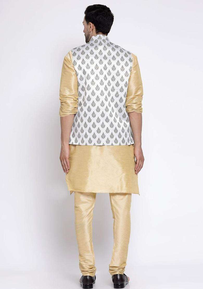 Gold Solid Silk Blend Kurta Set For Men - Indya