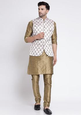 Olive Solid Silk Kurta Set For Men