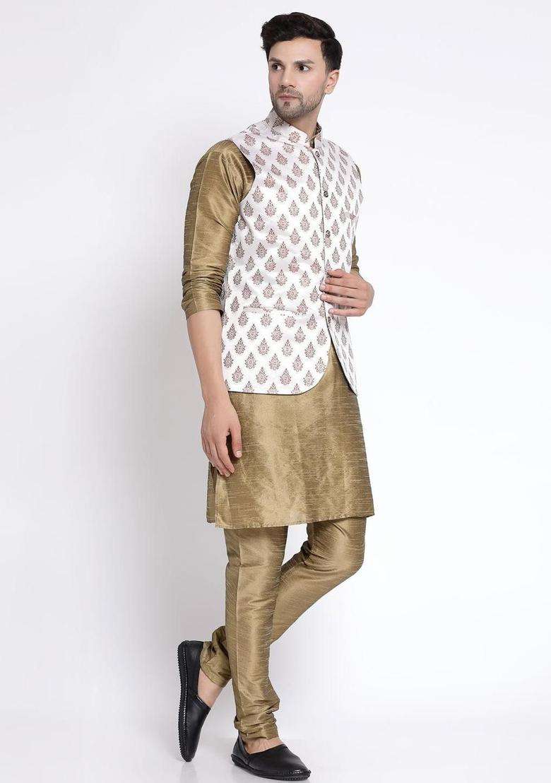 Olive Solid Silk Blend Kurta Set For Men - Indya
