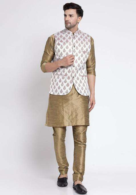 Olive Solid Silk Blend Kurta Set For Men