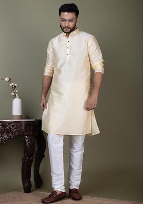 Beige Self Design Silk Kurta Set For Men