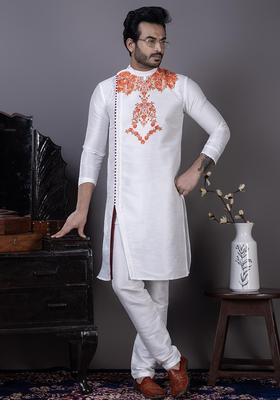White Printed Silk Kurta Set For Men