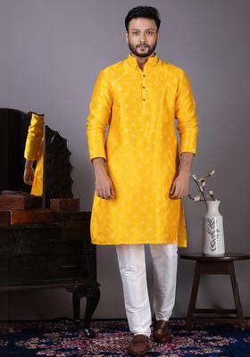 Yellow Embroidered Silk Kurta Set For Men
