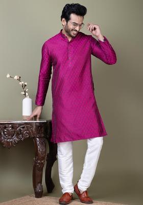 Purple Self Design Silk Kurta Set For Men