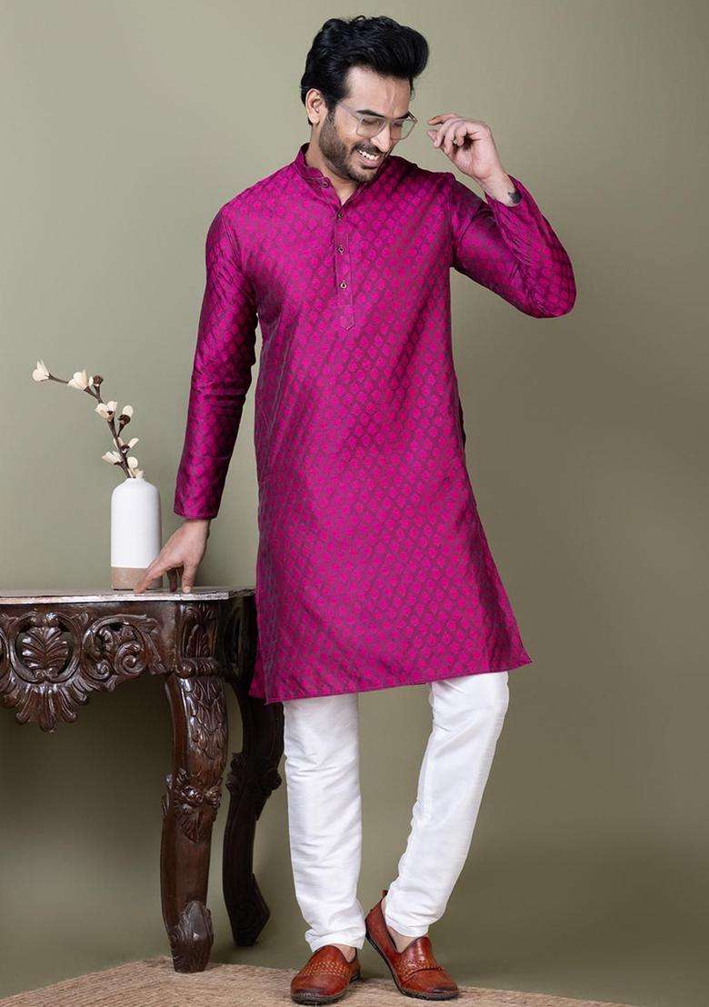 Purple Self Design Silk Blend Kurta Set For Men - Indya