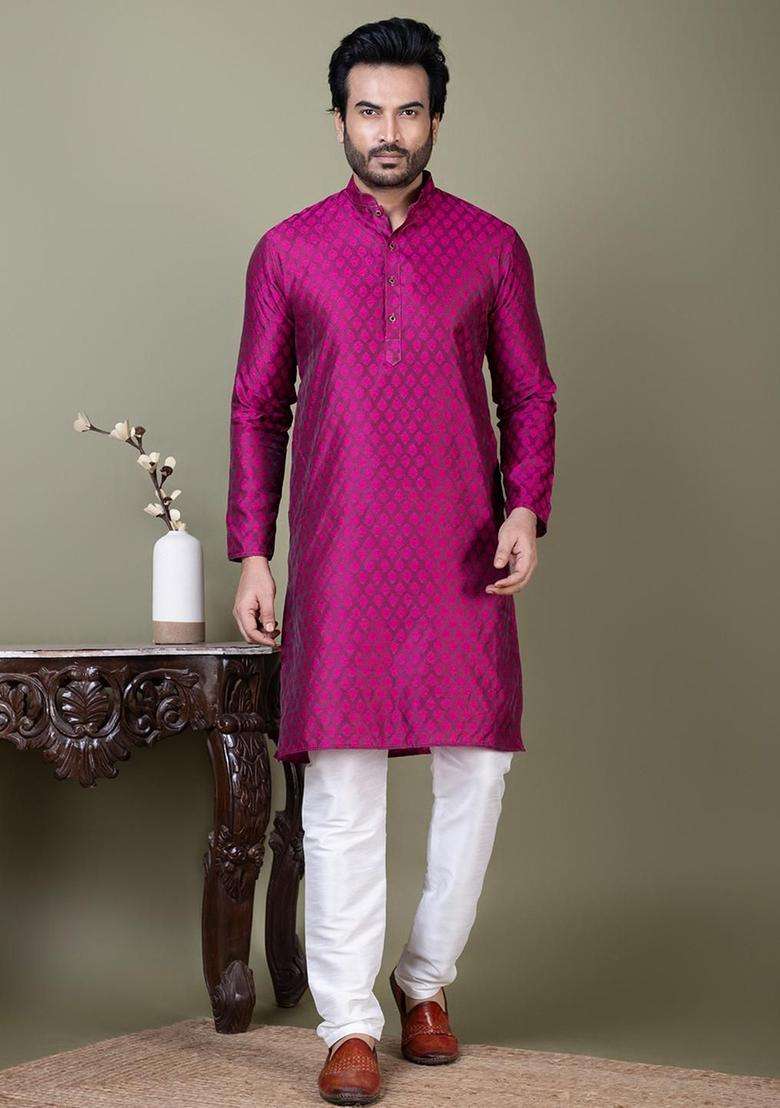 Purple Self Design Silk Blend Kurta Set For Men - Indya