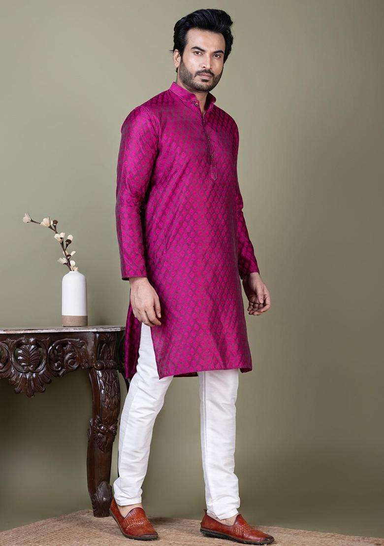 Purple Self Design Silk Blend Kurta Set For Men - Indya