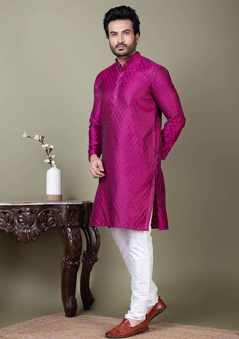 Purple Self Design Silk Blend Kurta Set For Men - Indya