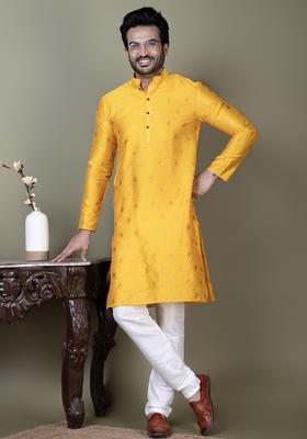 Yellow Embroidered Silk Kurta Set For Men