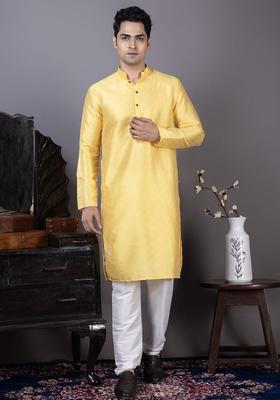 Yellow Woven Design Silk Kurta Set For Men