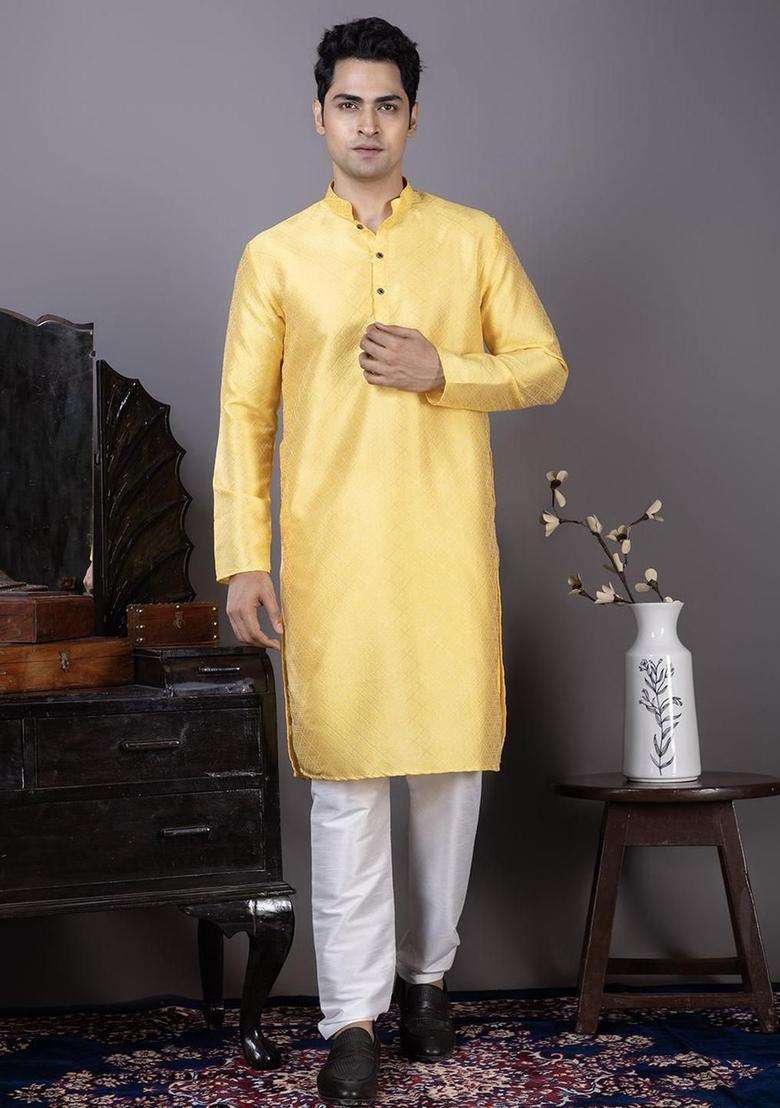 Yellow Woven Design Silk Blend Kurta Set For Men - Indya