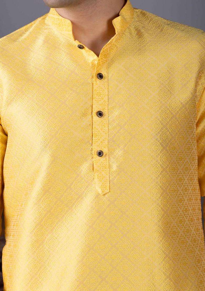 Yellow Woven Design Silk Blend Kurta Set For Men - Indya