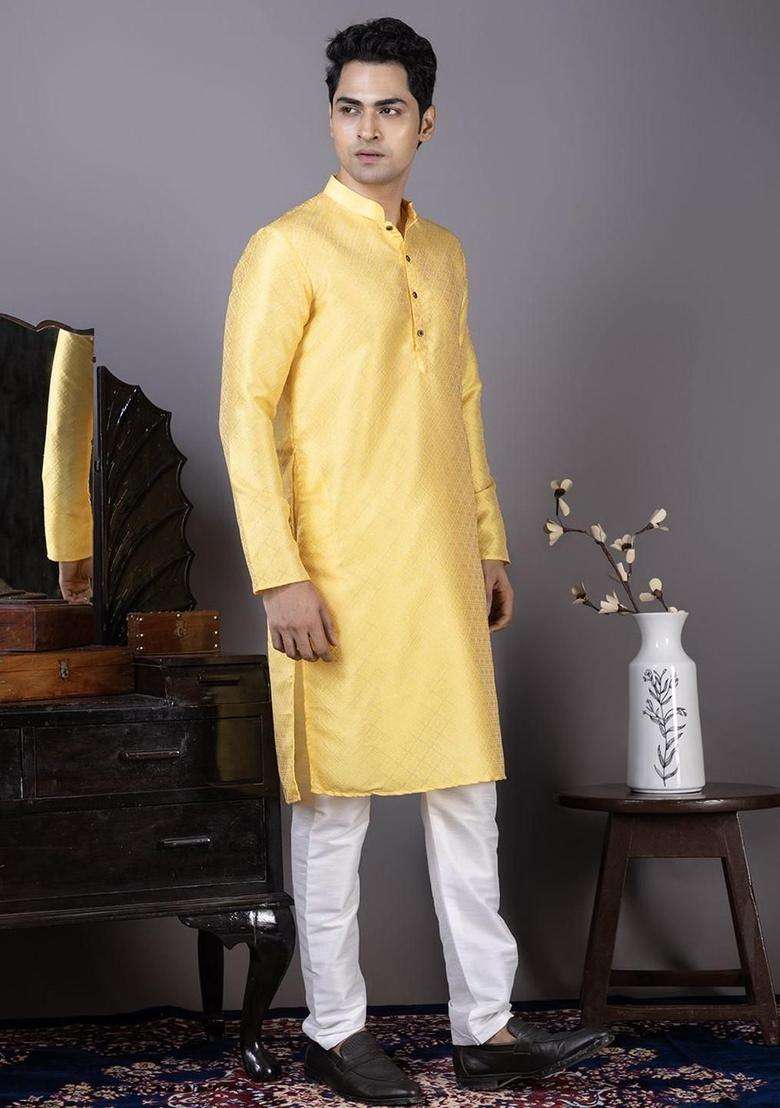 Yellow Woven Design Silk Blend Kurta Set For Men - Indya