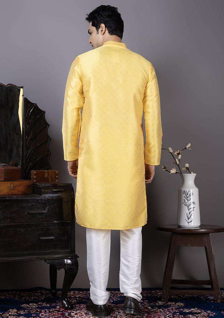 Yellow Woven Design Silk Blend Kurta Set For Men - Indya
