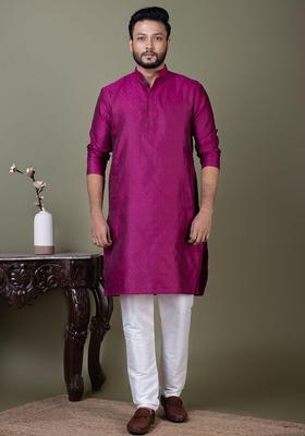 Purple Self Design Silk Kurta Set For Men