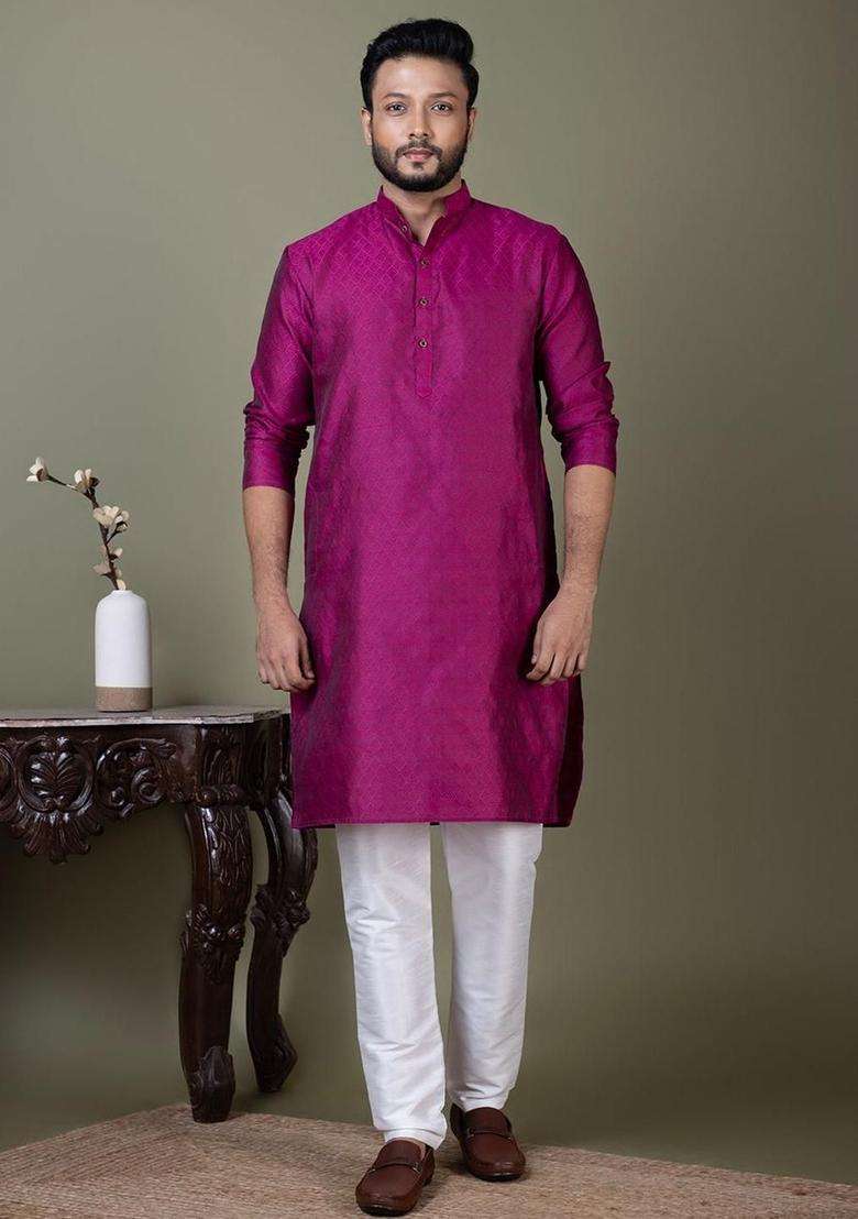 Purple Self Design Silk Blend Kurta Set For Men - Indya