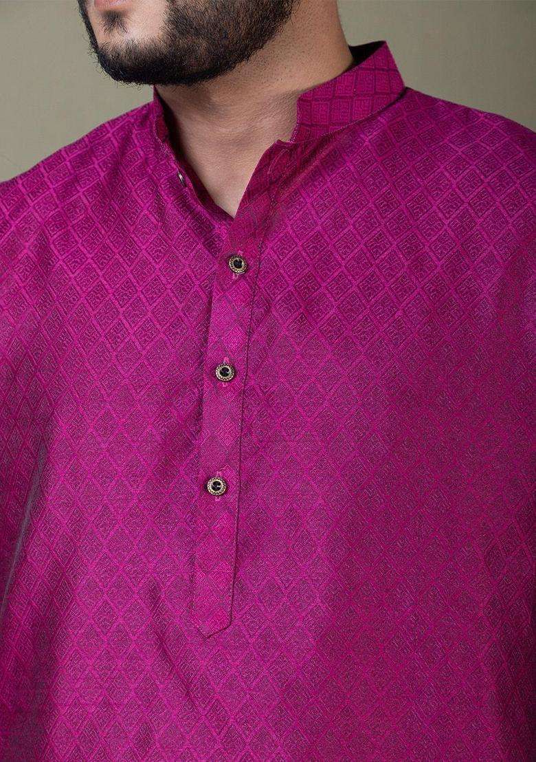 Purple Self Design Silk Blend Kurta Set For Men - Indya