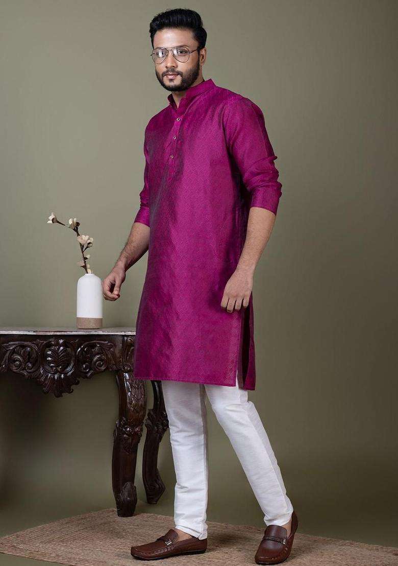 Purple Self Design Silk Blend Kurta Set For Men - Indya