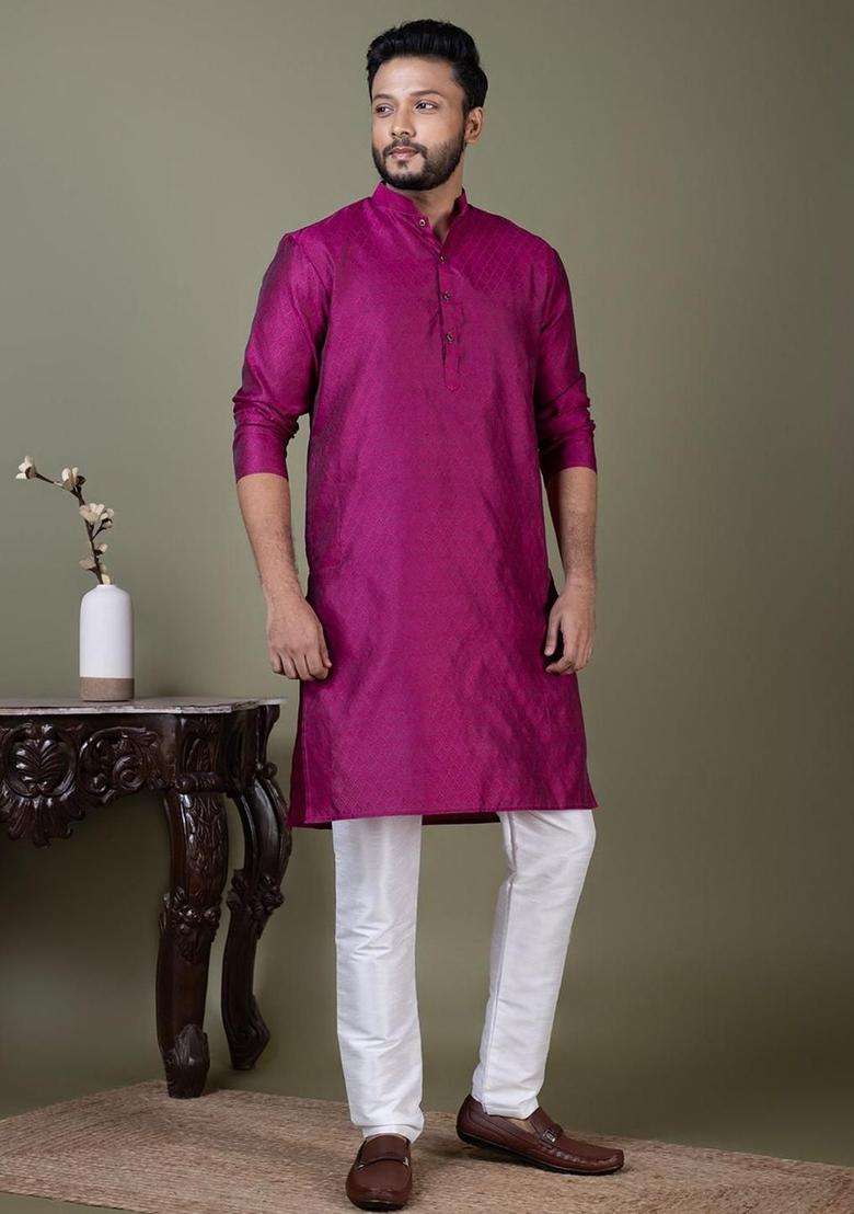 Purple Self Design Silk Blend Kurta Set For Men - Indya