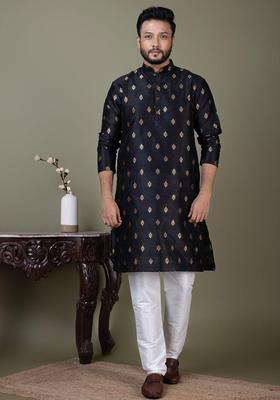Black Woven Design Silk Kurta Set For Men